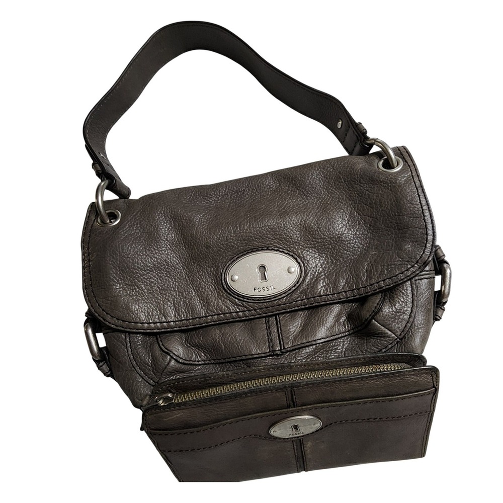 Fossil Gray Pebbled Leather Shoulder Bag and Matching Wallet Set Keyhole Detail